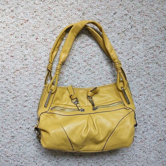 B Malowski Shoulder Bag Mustard Yellow Soft Pebbled Leather Hobo Zipper - Picture 1 of 16
